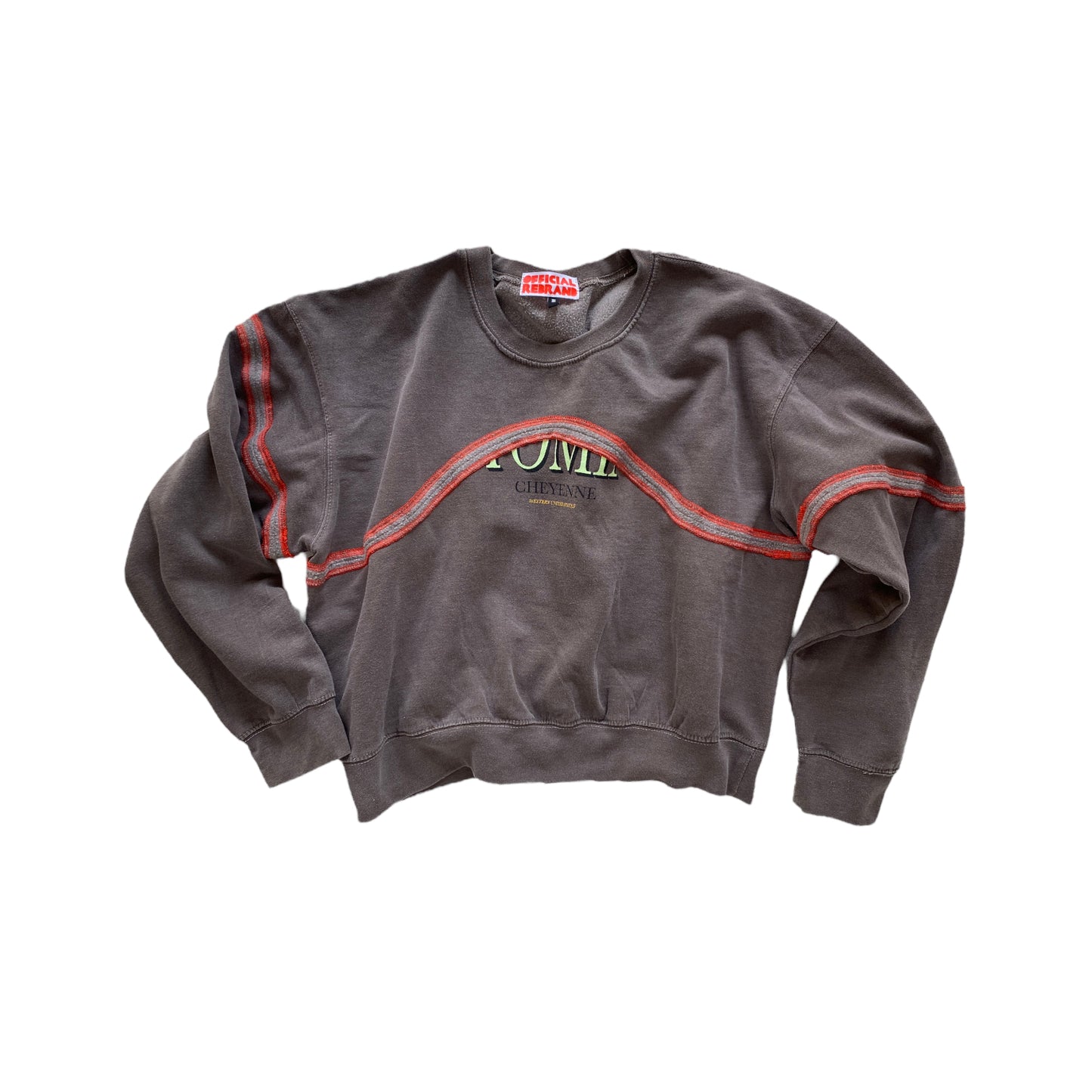 warm grey crewneck sweatshirt with orange edged wavy seam across the chest and arms