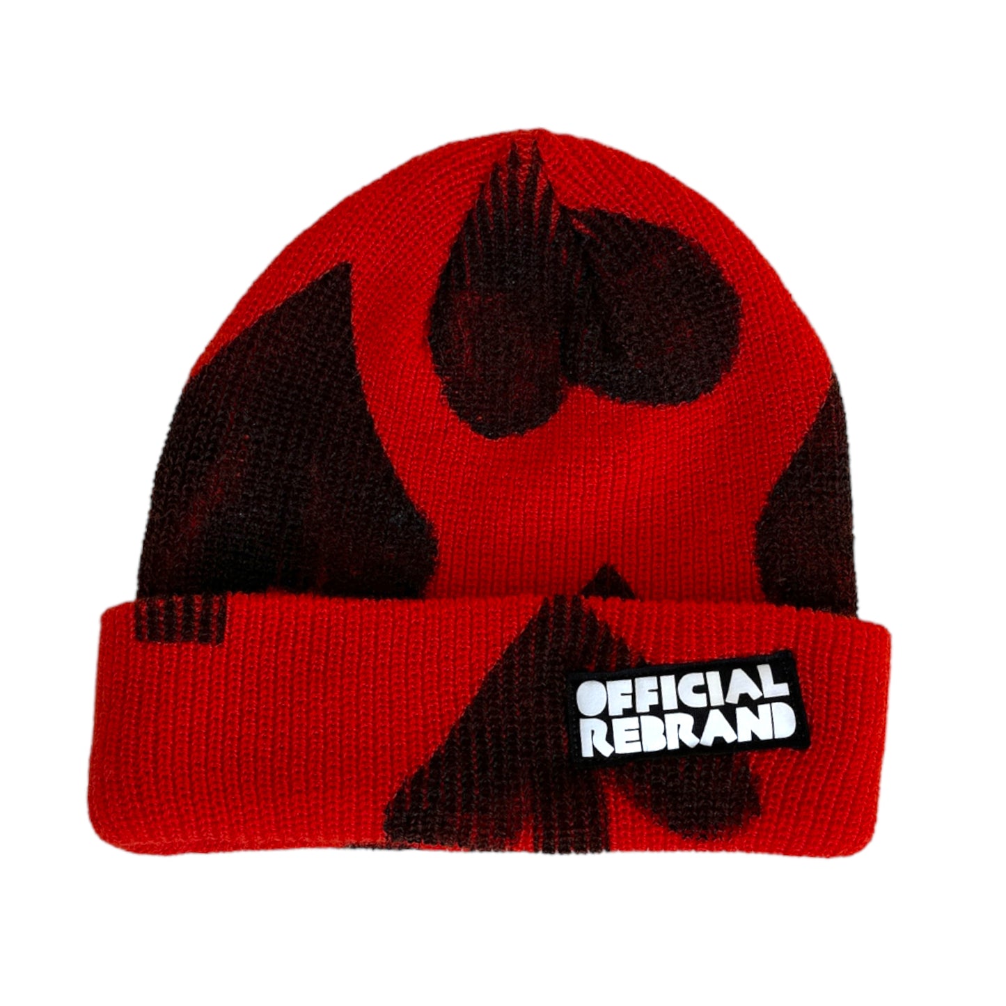 red beanie with hand painted black hearts and a black tag with white text reading OFFICIAL REBRAND on the hat's cuff