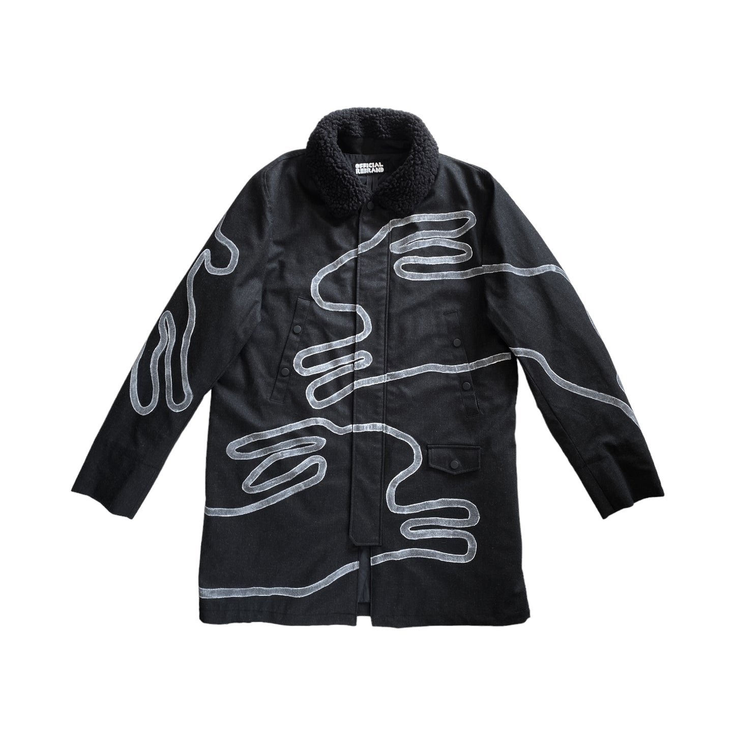 black long winter coat with faux shearling collar and white hand painted rabbit silhouette designs across the front and arms