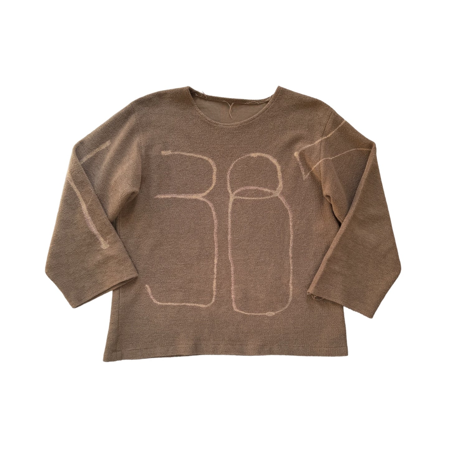 camel colored french terry long sleeved sweat shirt with bleached 11385 across the front and sleeves