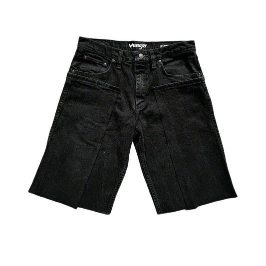 black jean shorts cut and spread to be shorter and wider on a white backdrop