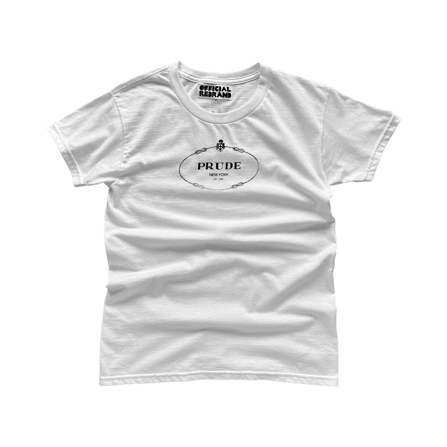 white Tshirt with prada like PRUDE print on the front and center of the tee on a white background