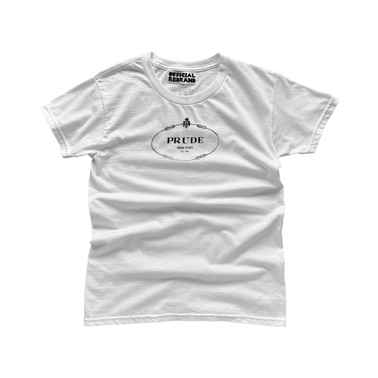 white Tshirt with prada like PRUDE print on the front and center of the tee on a white background