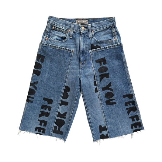 hand painted jean shorts with black paint reading perfect for you