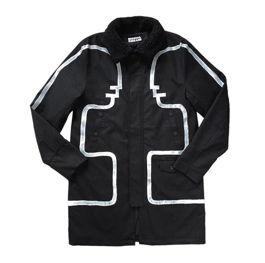 black long winter coat with faux shearling collar and white conversation figures hand painted to face each other across the jacket's front and arms