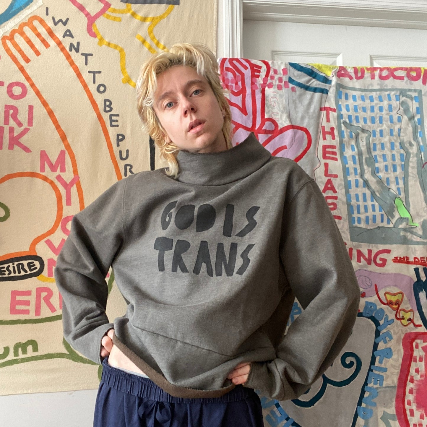 GOD IS TRANS cropped mockneck sweatshirt