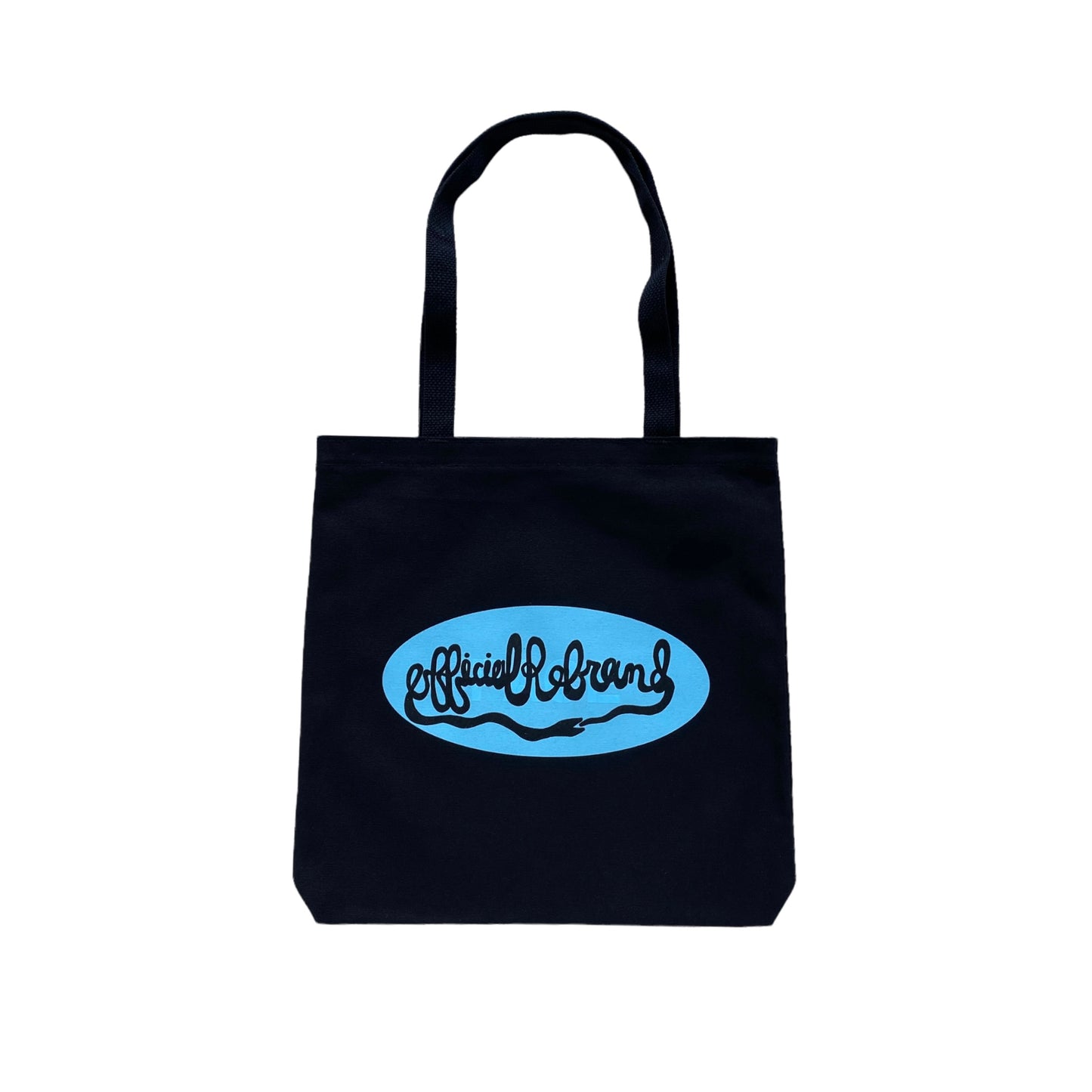 back of black tote bag with turquoise blue Official Rebrand ouroboros snake logo