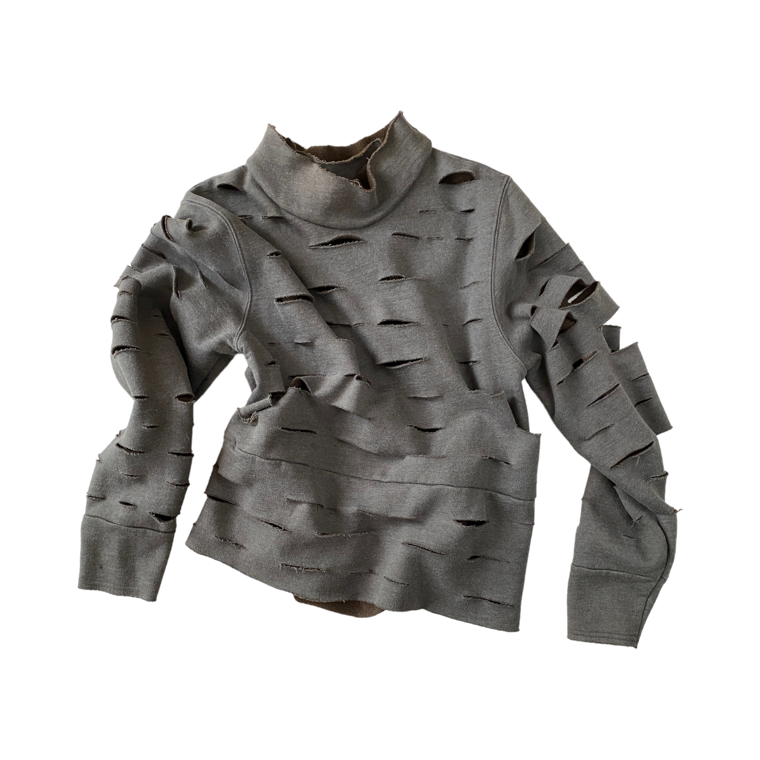 olive green mockneck sweatshirt with small slits cut in lines across the body and arms