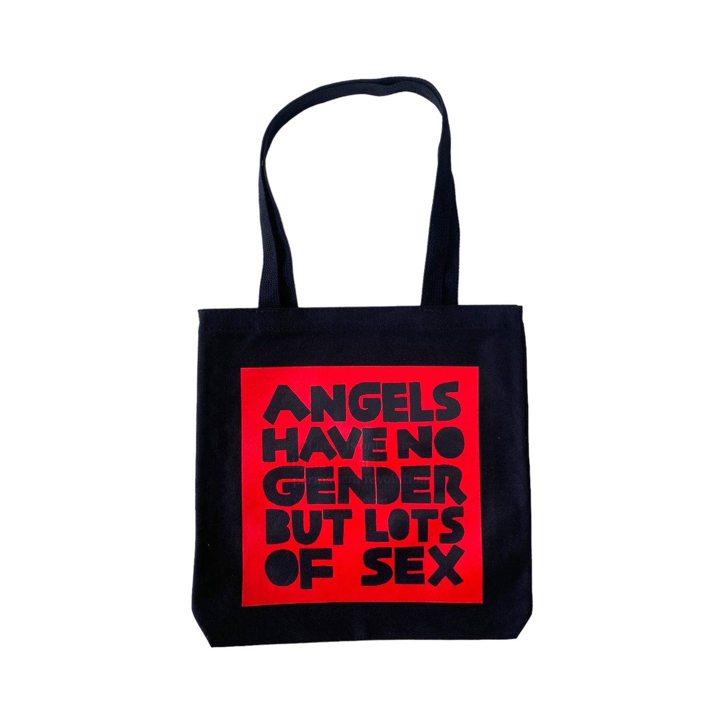 black tote bag with red screen printed box containing black text reading angels have no gender but lots of sex