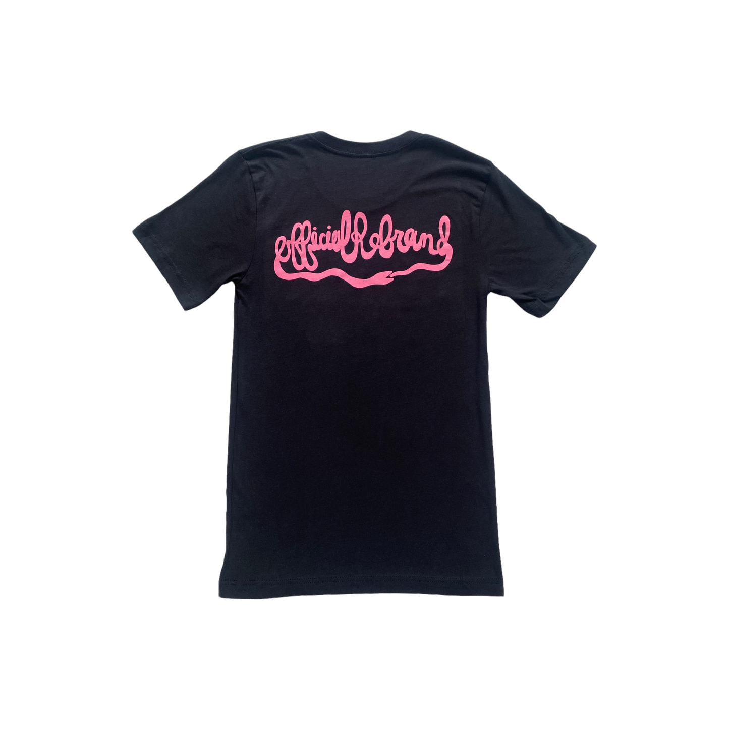 back of black t-shirt with Official Rebrand ouroboros snake logo in pink