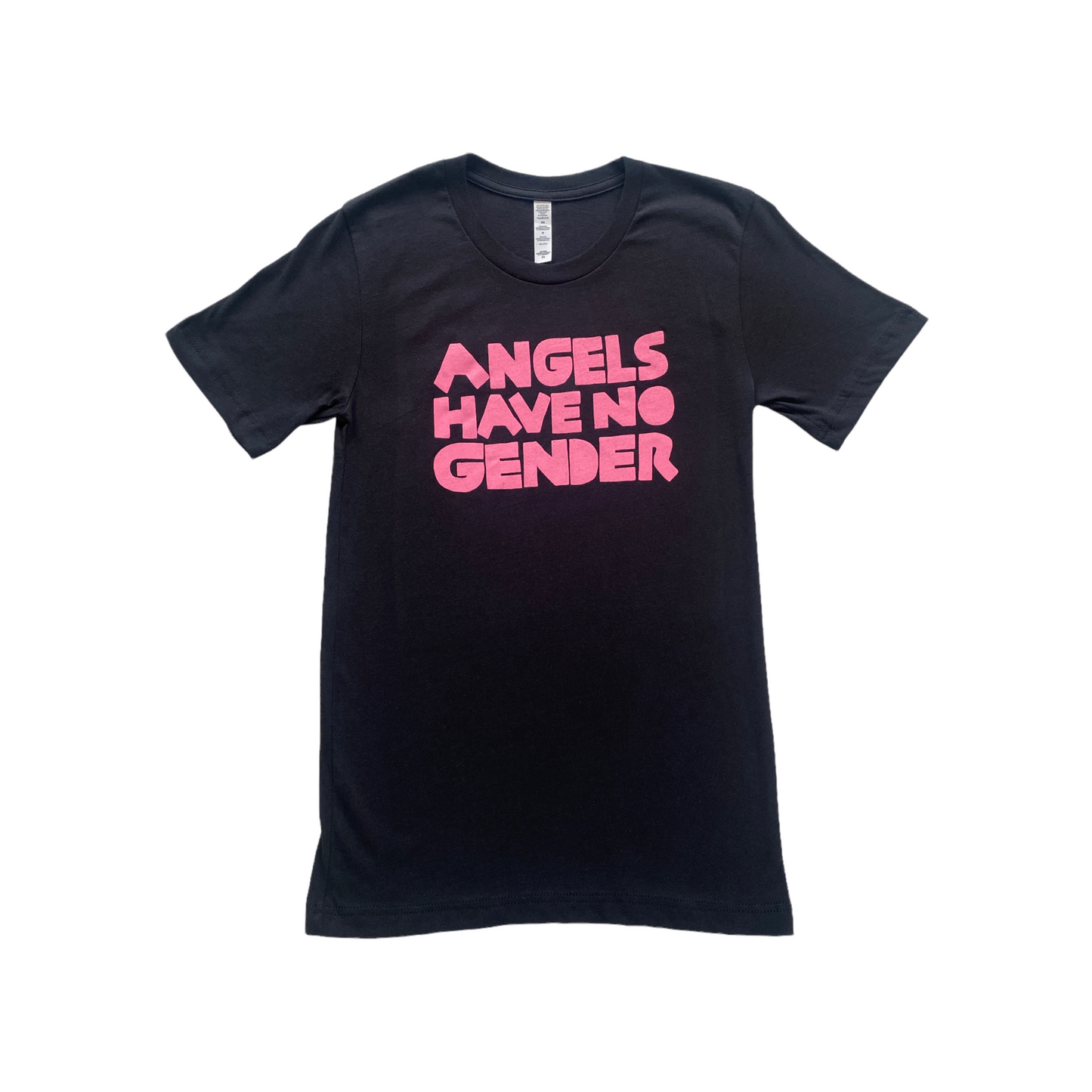 black t-shirt with pink text reading Angels have no gender