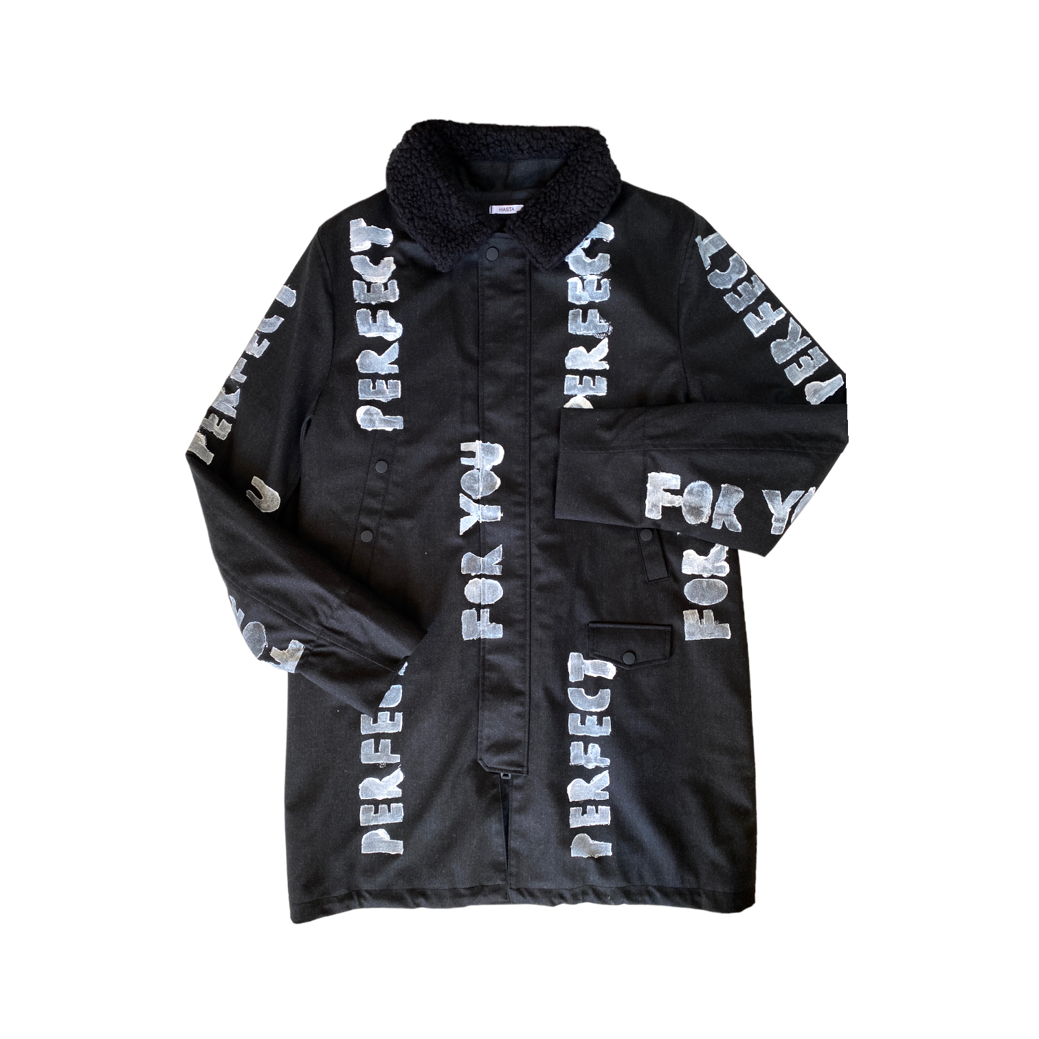 black long winter coat with faux shearling collar and white hand-painted stenciled PERFECT FOR YOU text across the front and arms