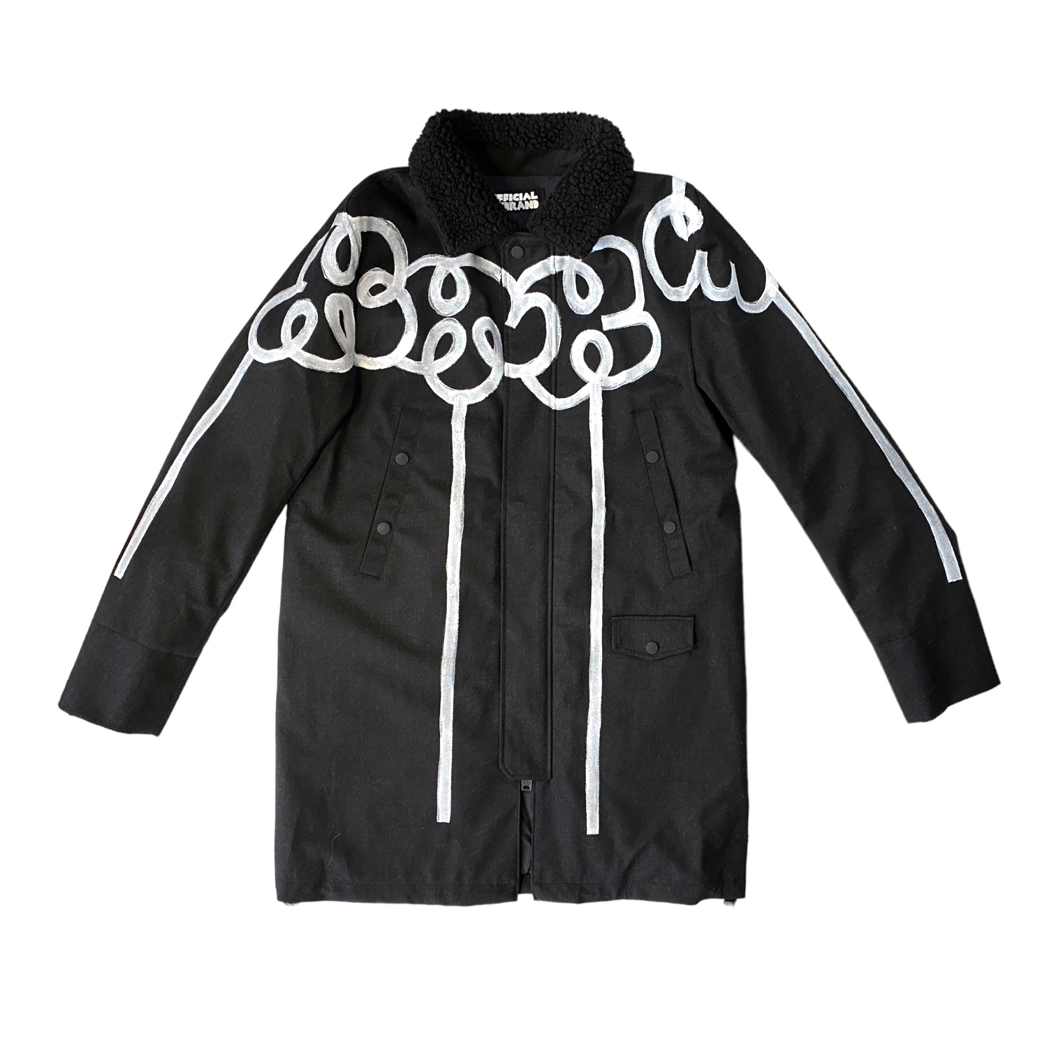 black long winter coat with faux shearling collar and white hand painted flower designs across the front and arms