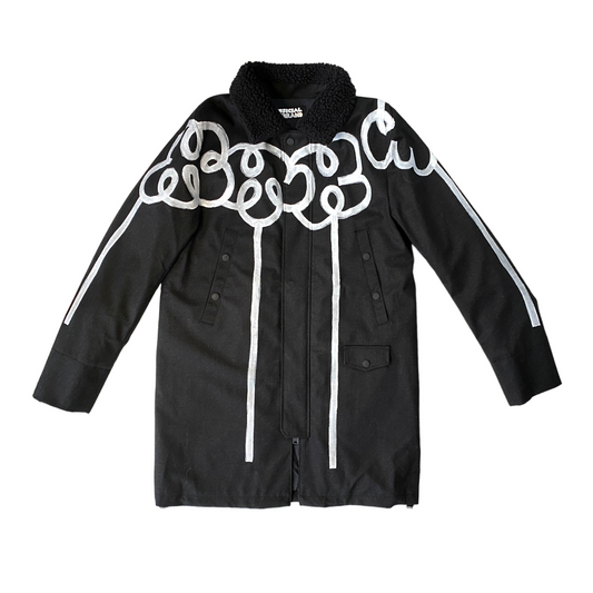 black long winter coat with faux shearling collar and white hand painted flower designs across the front and arms
