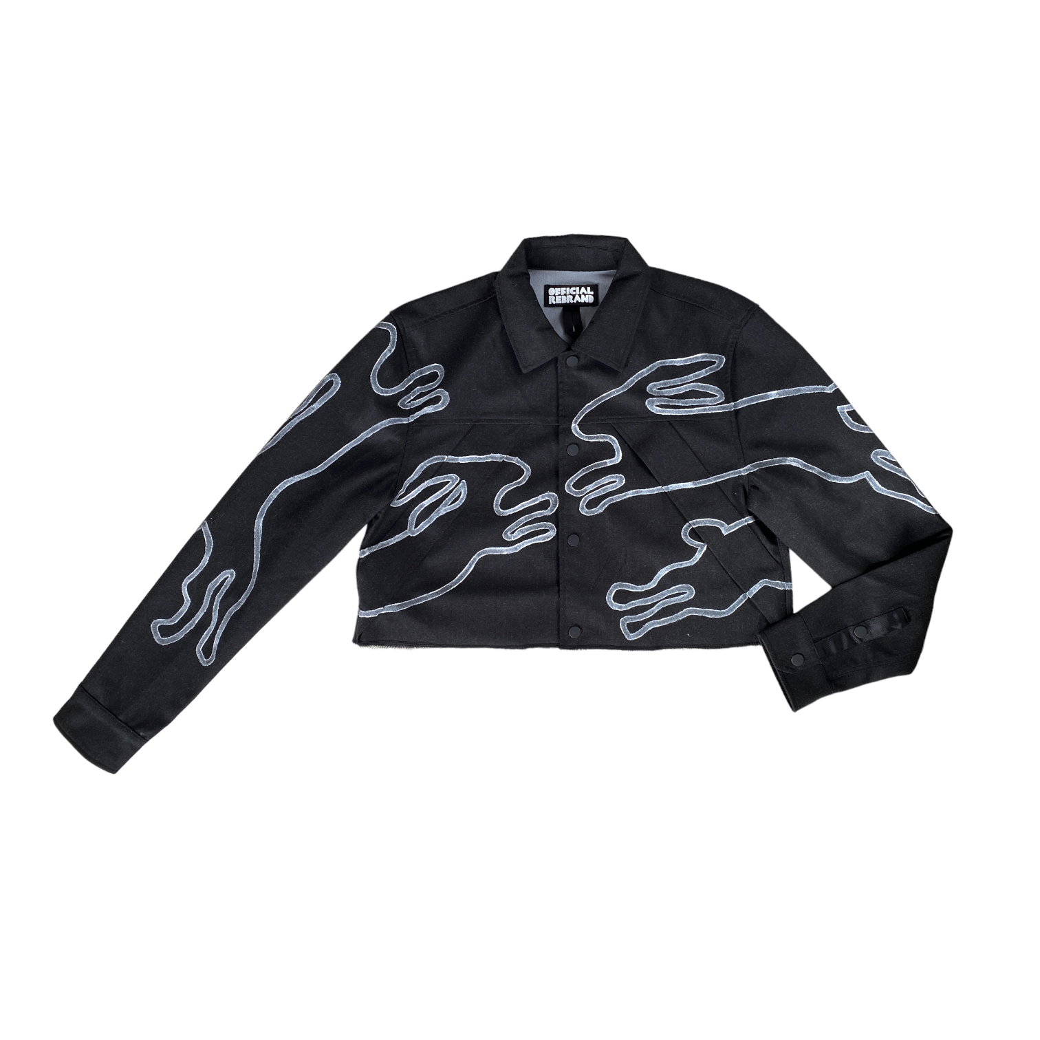 cropped black wool jacket with hand-painted white rabbit silhouettes leaping across the front, back, and arms