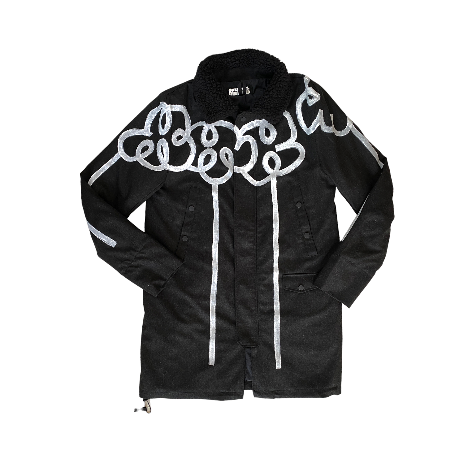 black long winter coat with faux shearling collar and white hand painted flower designs across the front and arms