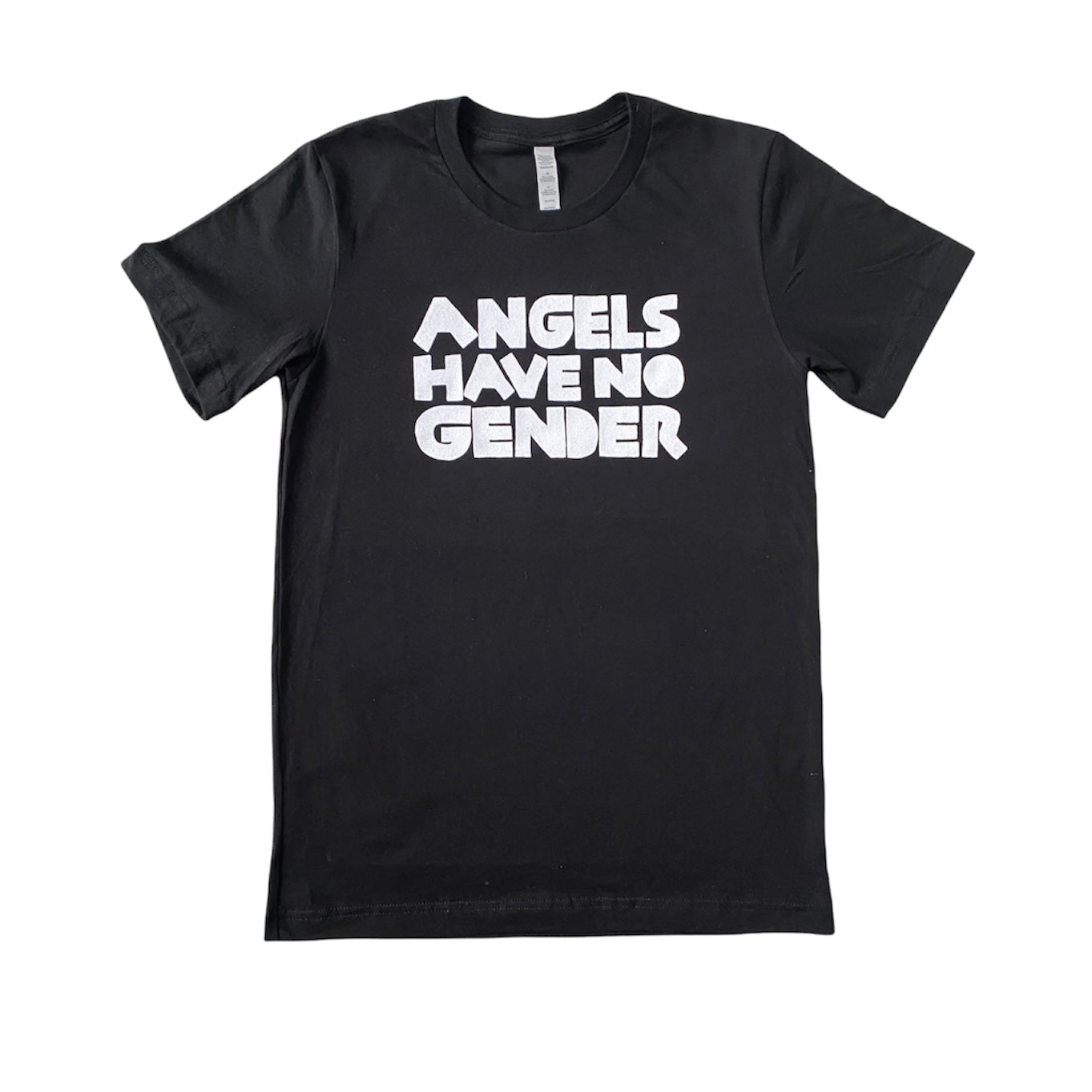 black t-shirt with white text reading Angels have no gender