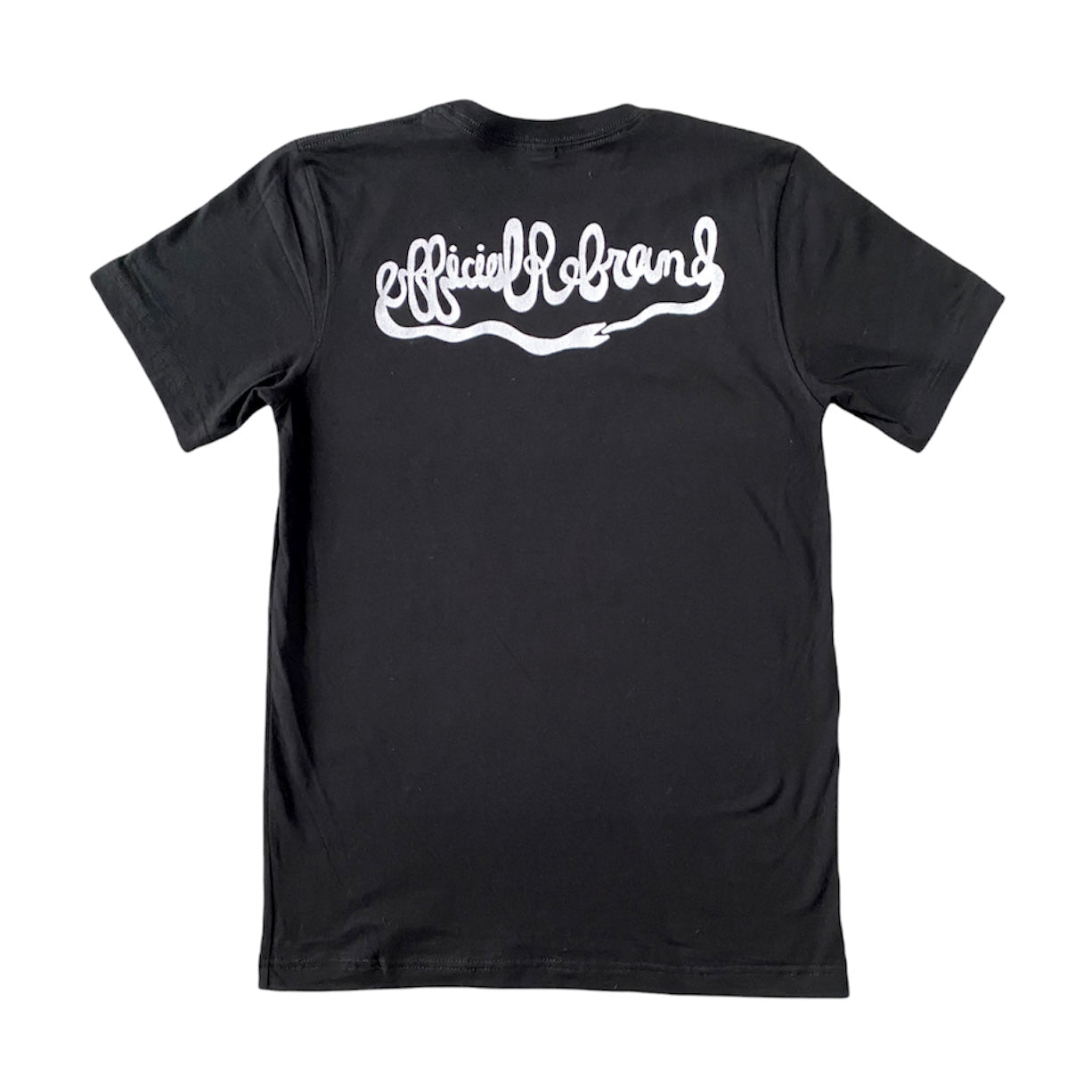 back of black t-shirt with Official Rebrand ouroboros snake logo in white