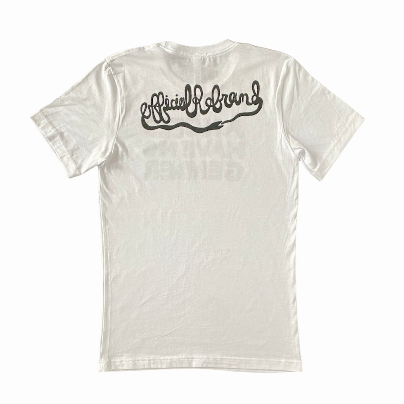 back of white t-shirt with Official Rebrand ouroboros snake logo in black