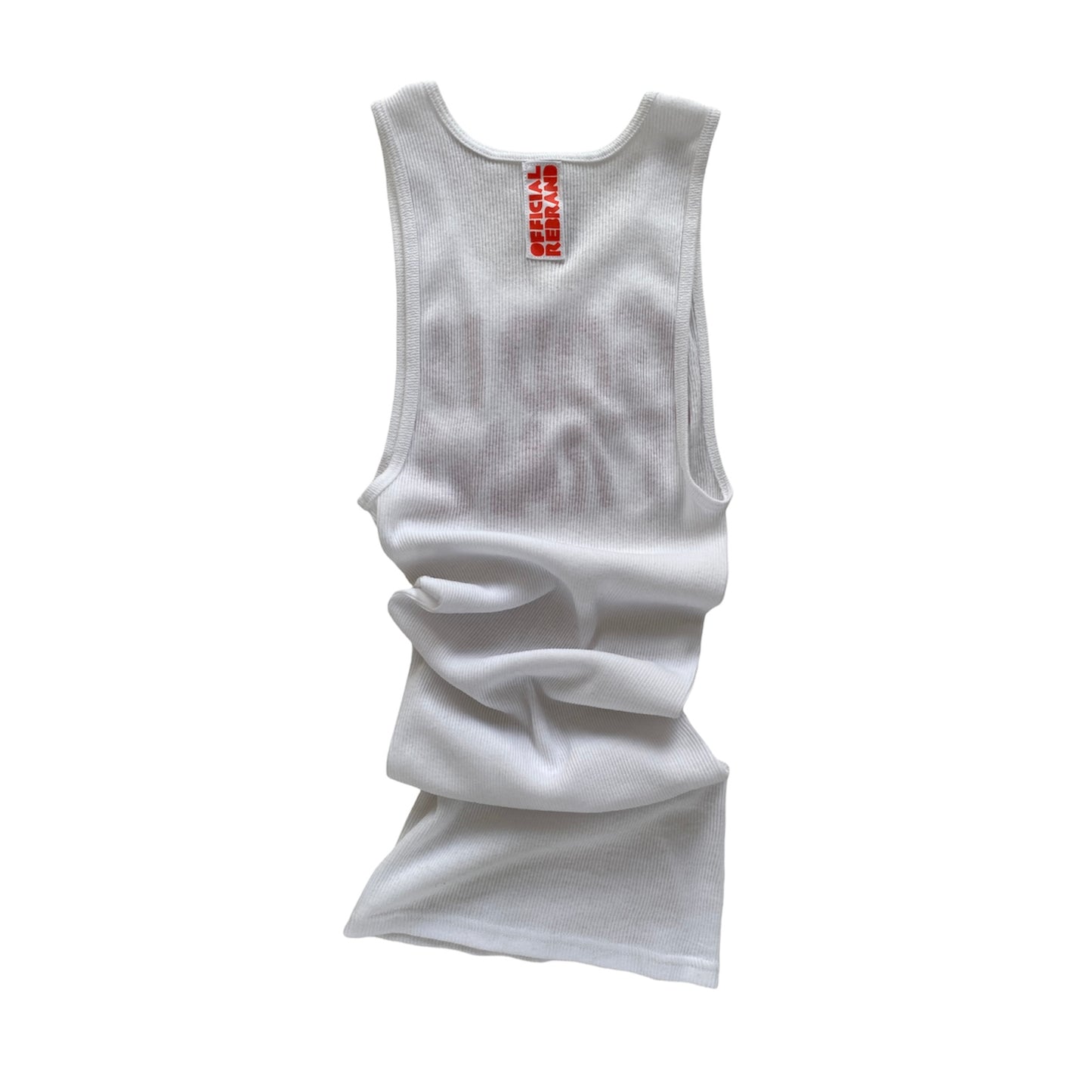 back of white ribbed A-shirt tank top with OFFICIAL REBRAND tag in red