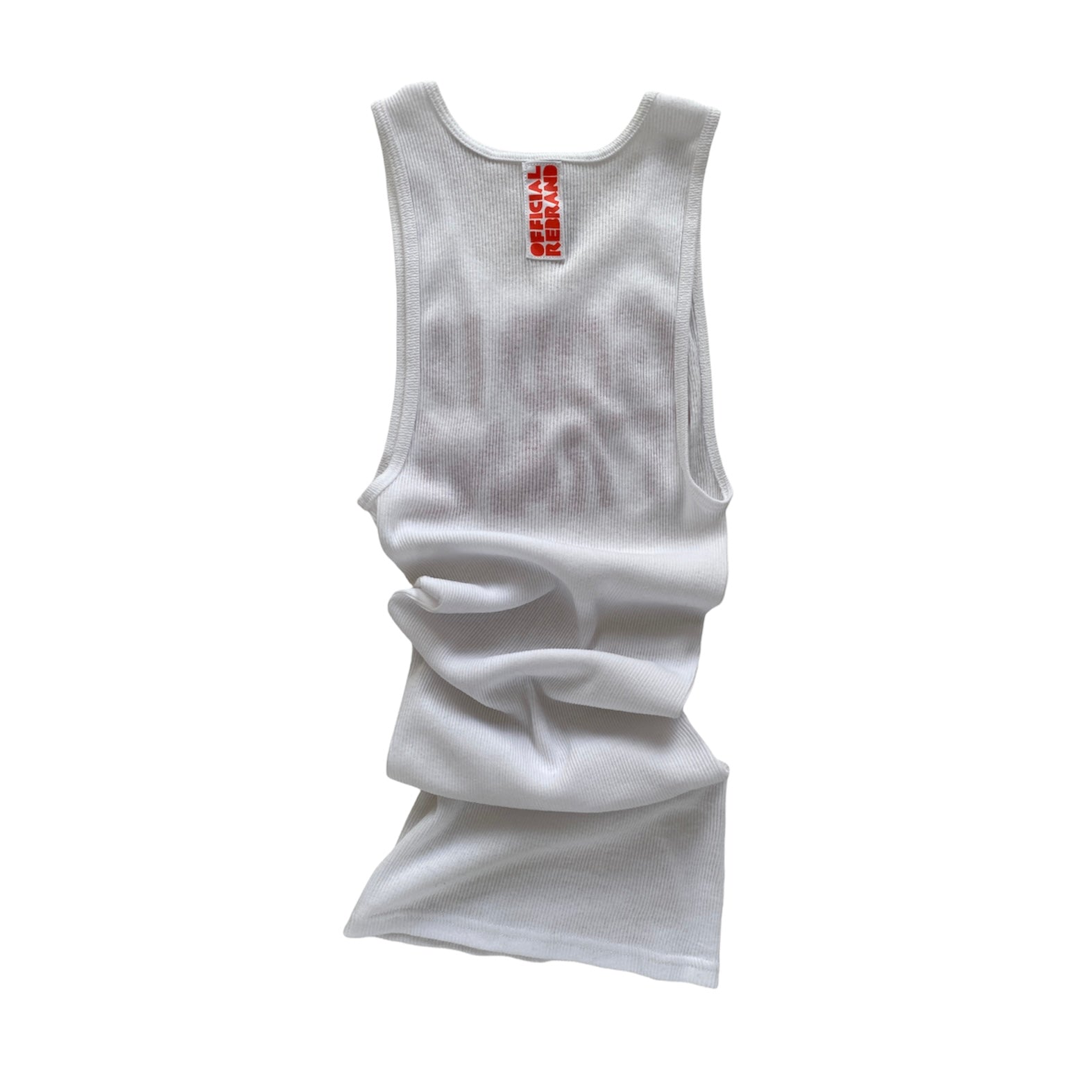 back of white ribbed A-shirt tank top with OFFICIAL REBRAND tag in red