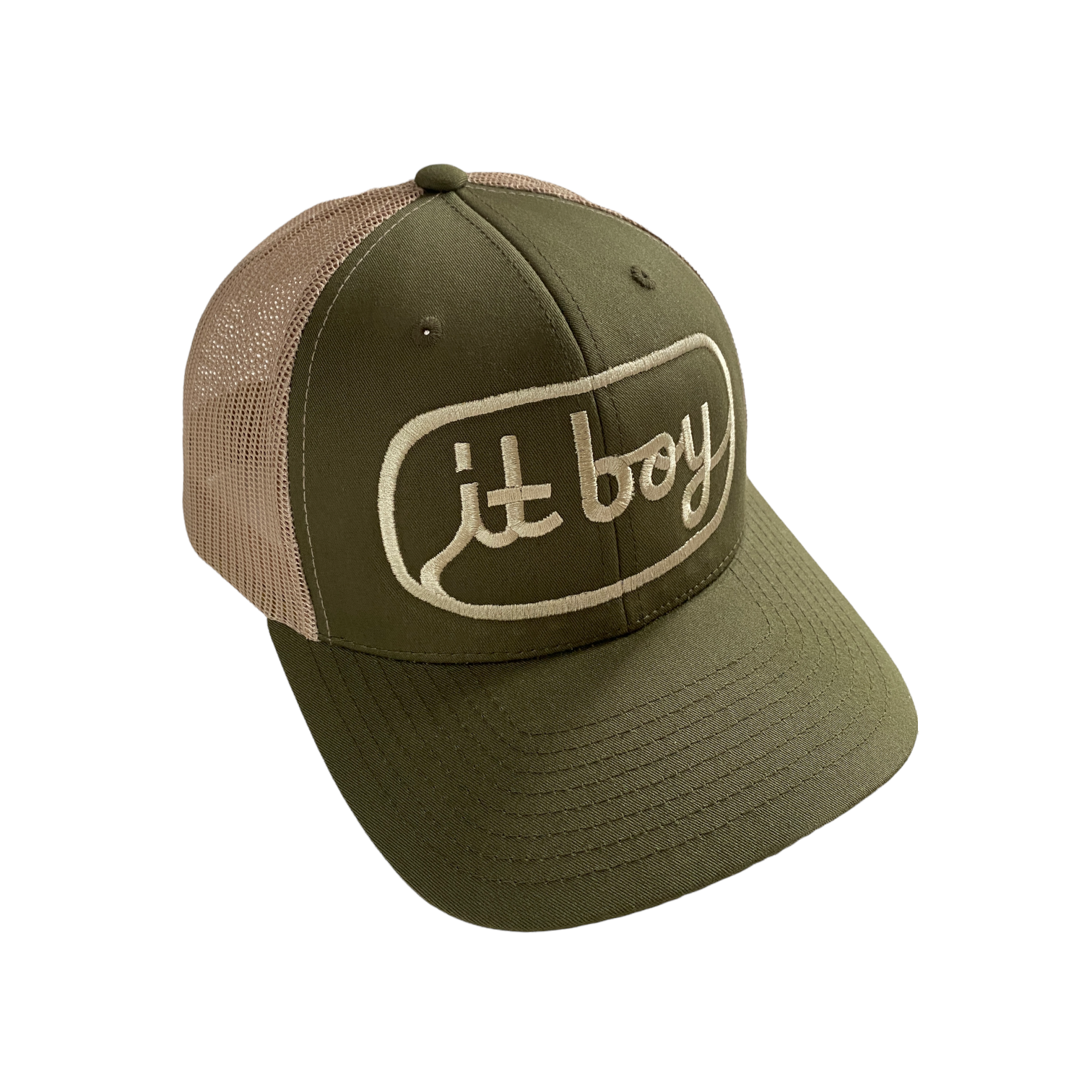 olive green and beige khaki trucker hat with khaki embroidery reading it boy in cursive