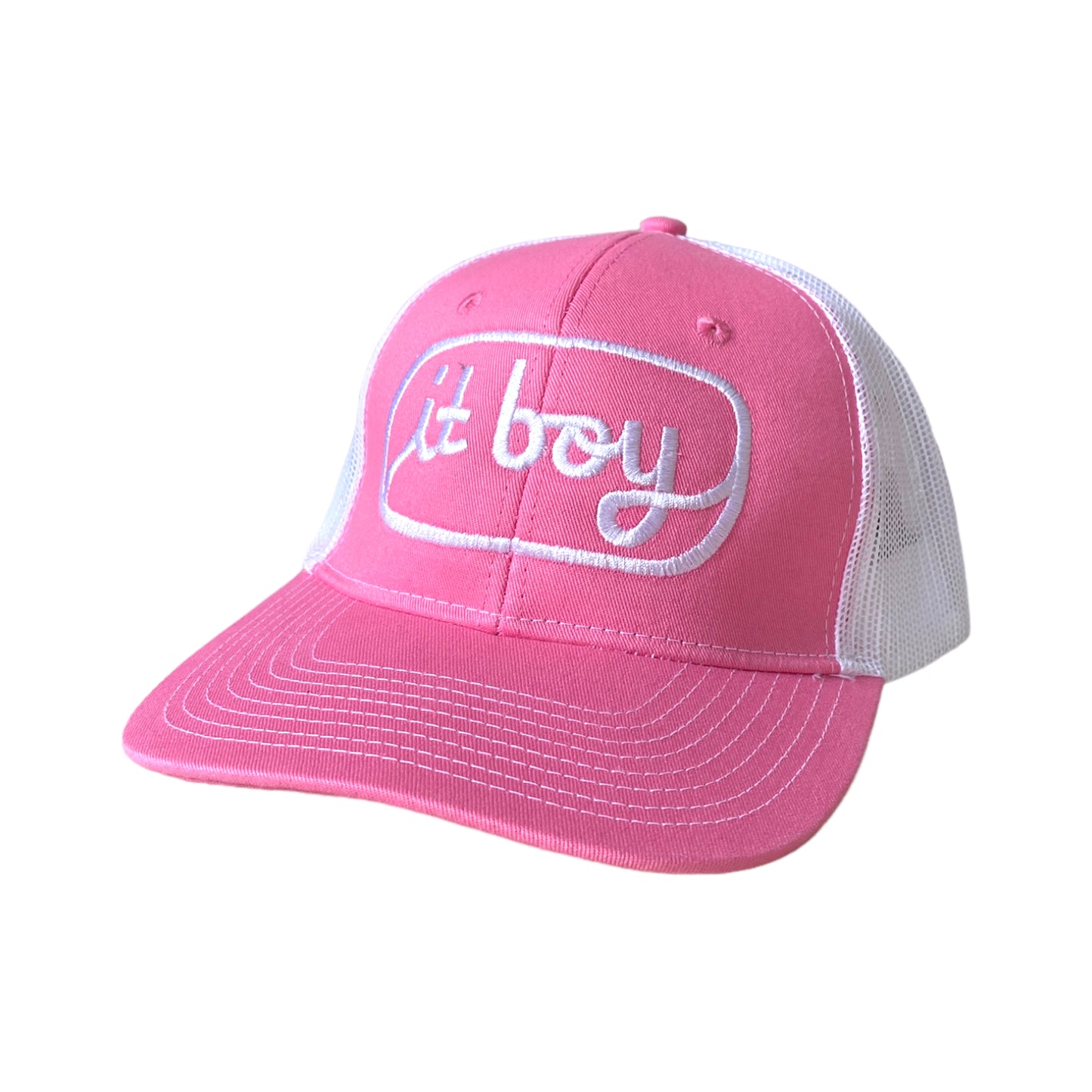 pink and white trucker hat with white embroidery reading it boy in cursive