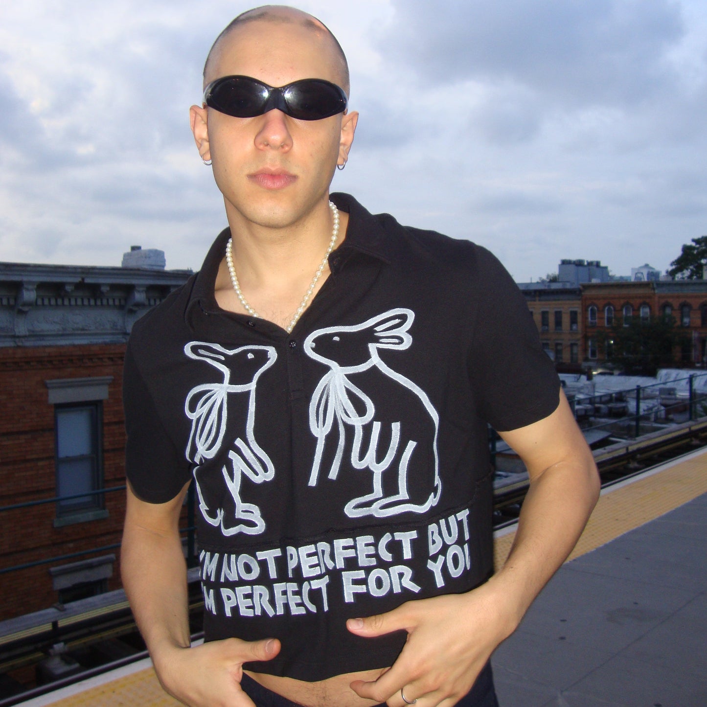 Model wearing cropped black collared polo shirt with two white hand painted rabbits facing each other and white text reading I'M NOT PERFECT BUT I'M PERFECT FOR YOU