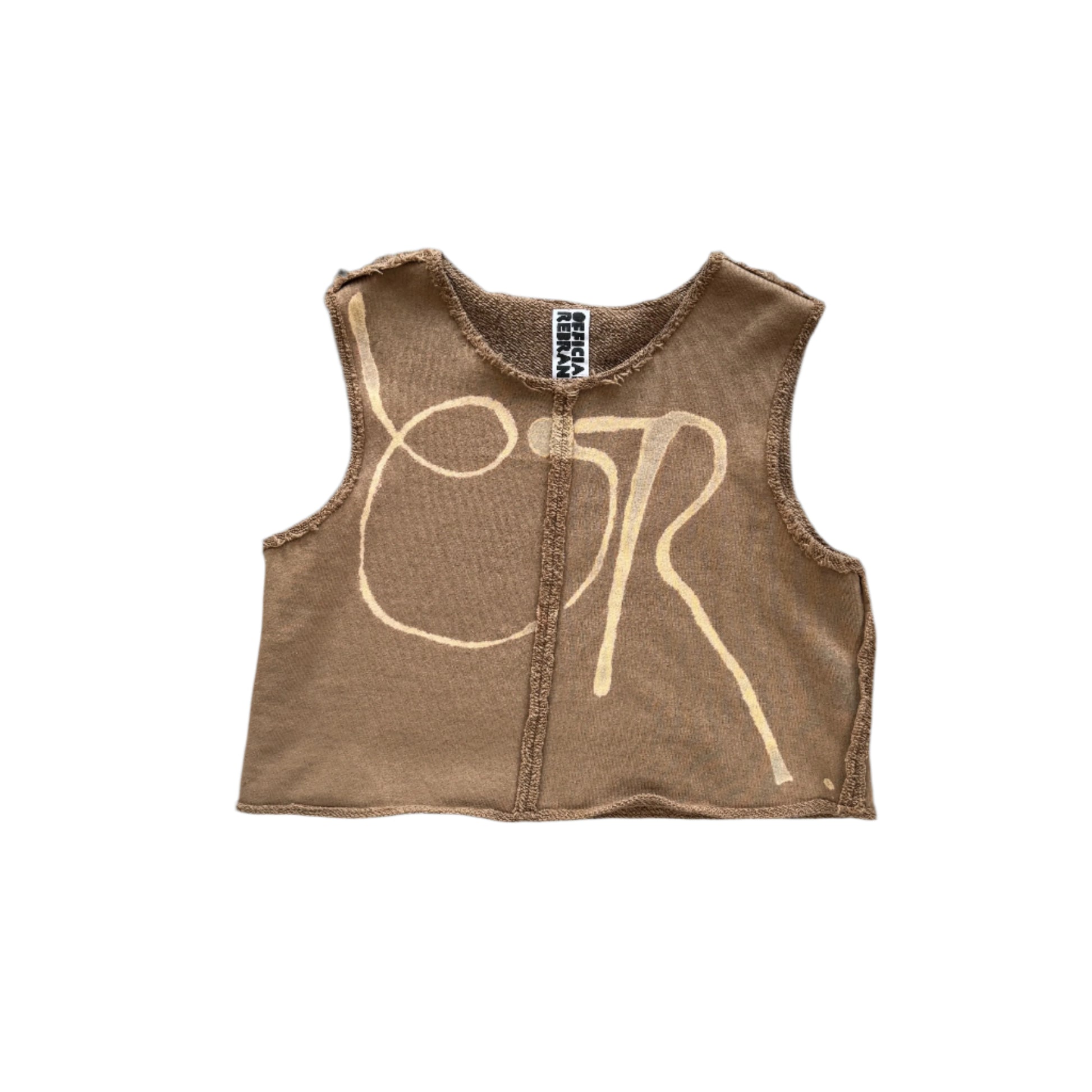 camel french terry tank with central seam on a gray backdrop with bleach reading OR across the chest