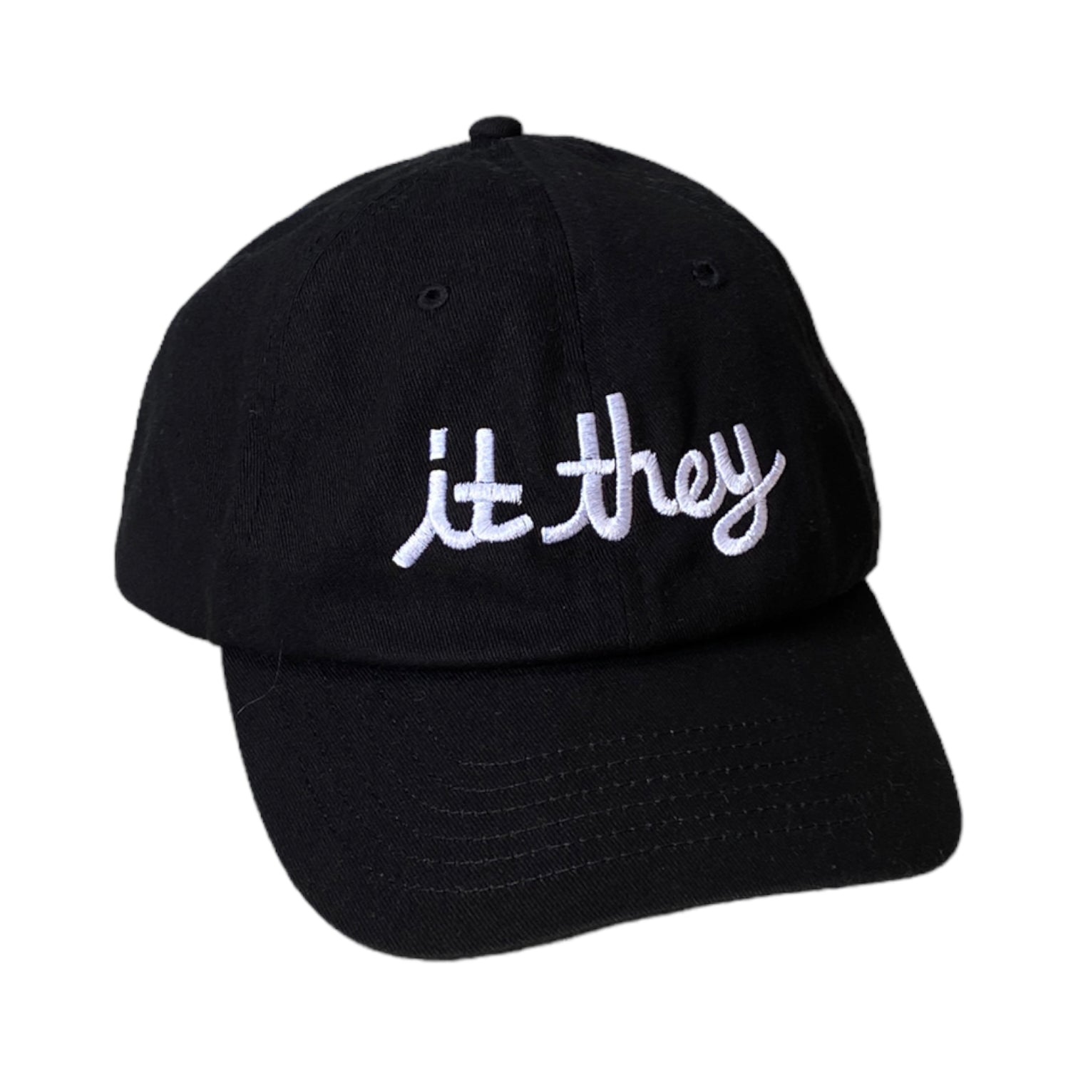 black baseball cap with white embroidery reading it they in cursive text across the front