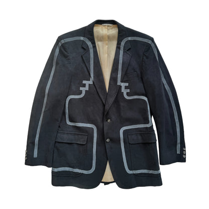 black suede blazer jacket with gray conversation figures hand painted to face each other across the jacket's front and arms