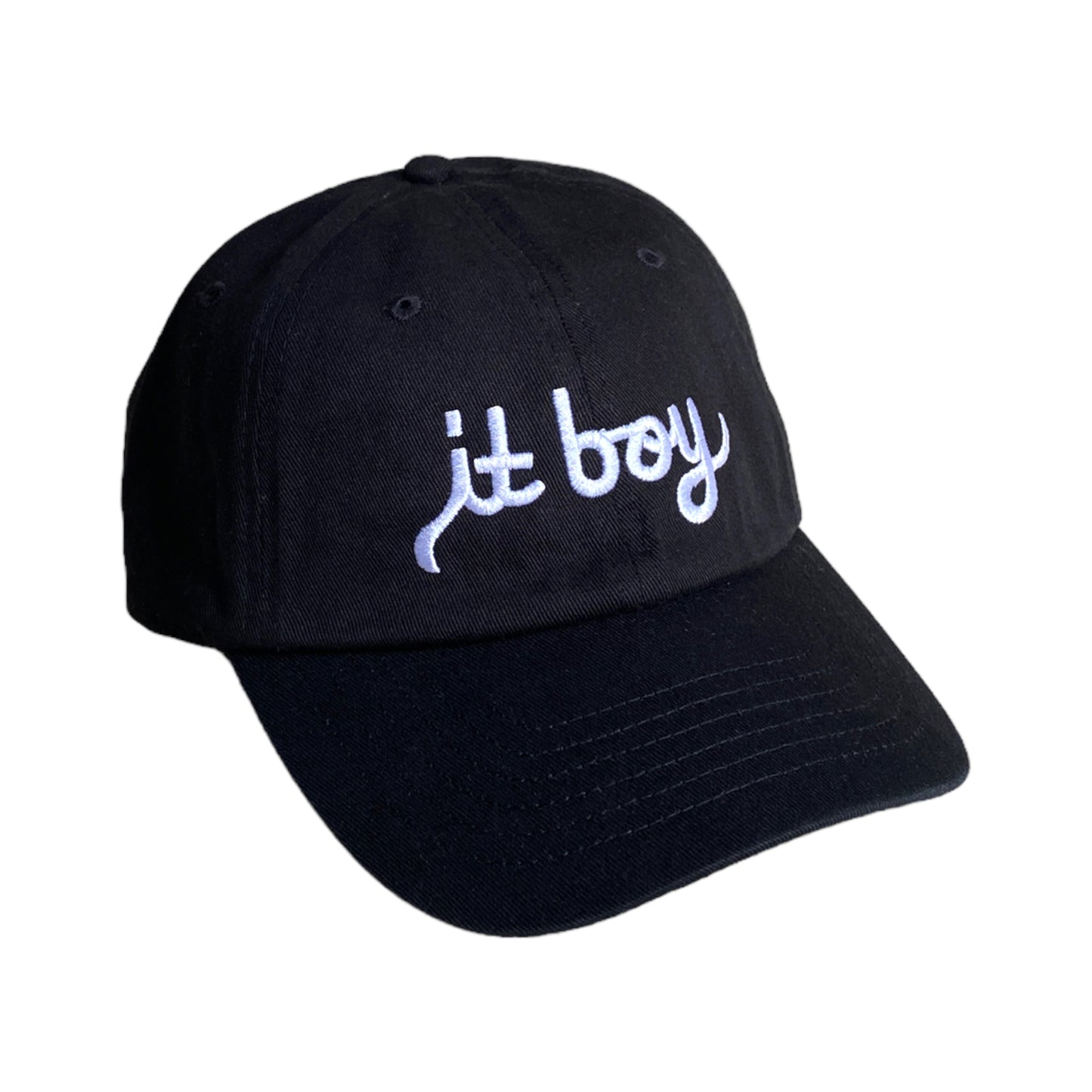 black baseball cap with white embroidery reading it boy in cursive text across the front