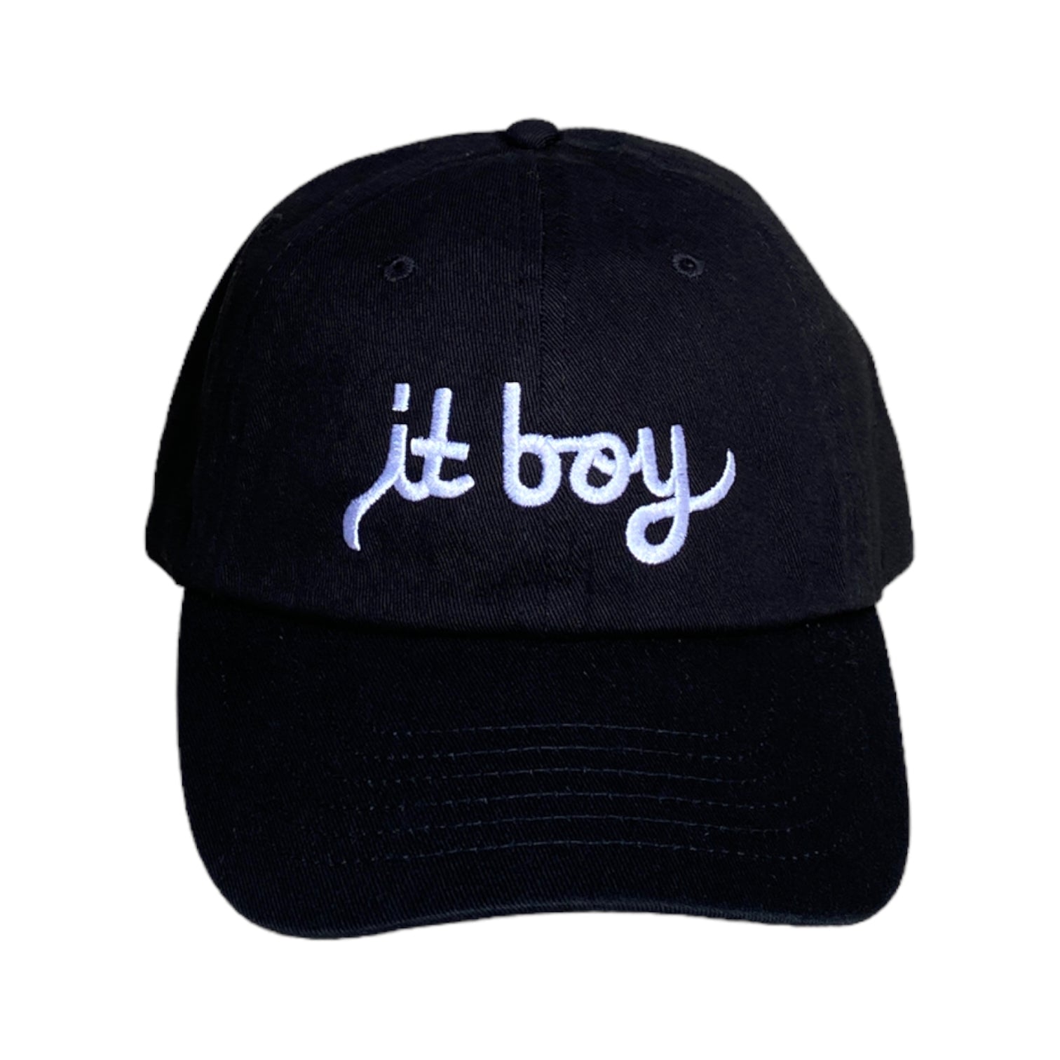 black baseball cap facing front with white embroidery reading it boy in cursive text across the front