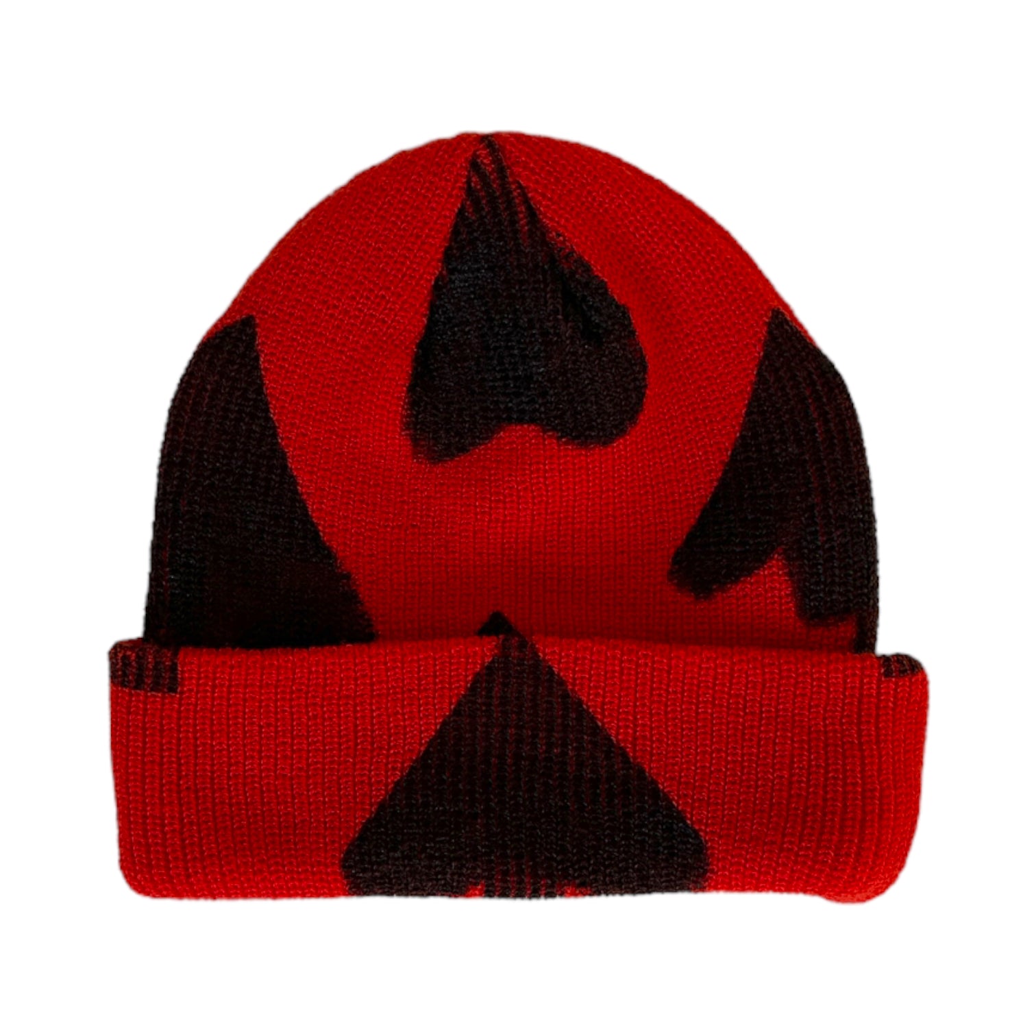 back of red beanie with black hand painted hearts