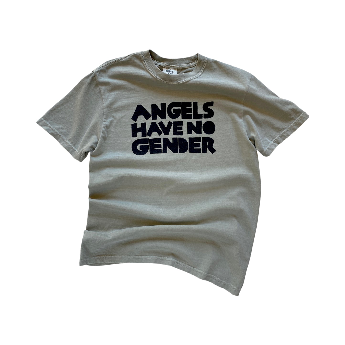 light green t-shirt with black text reading Angels have no gender 