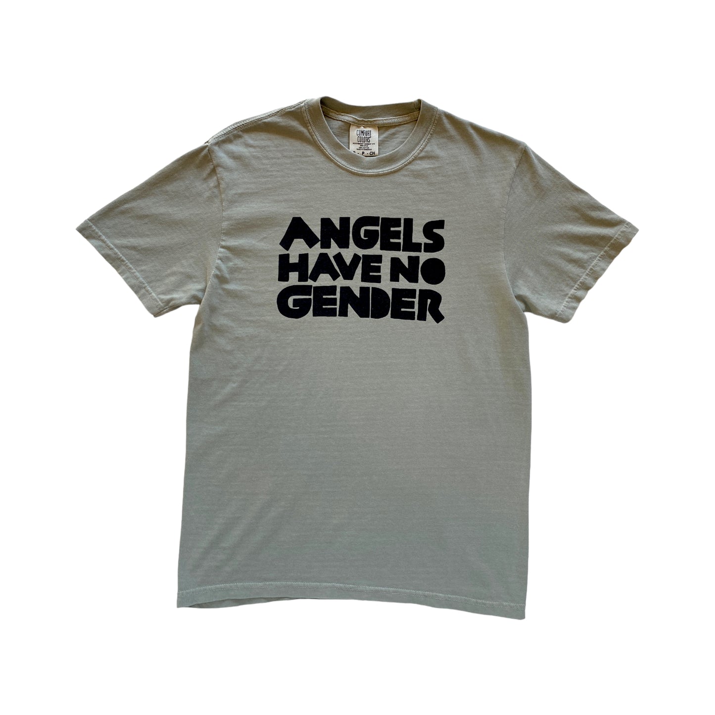 light green t-shirt with black text reading Angels have no gender