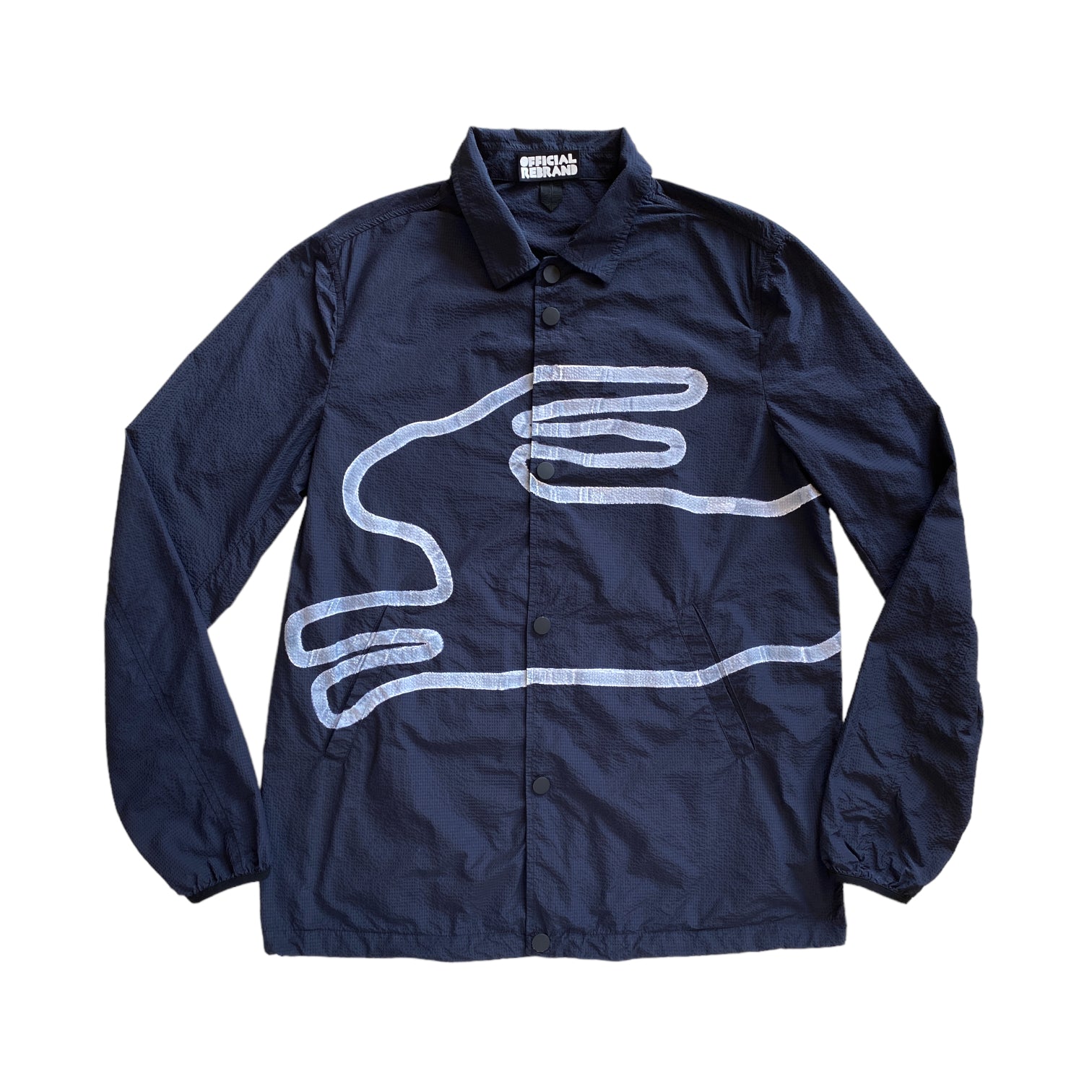 navy blue seersucker collared windbreaker with hand painted white rabbit silhouette across front and side 