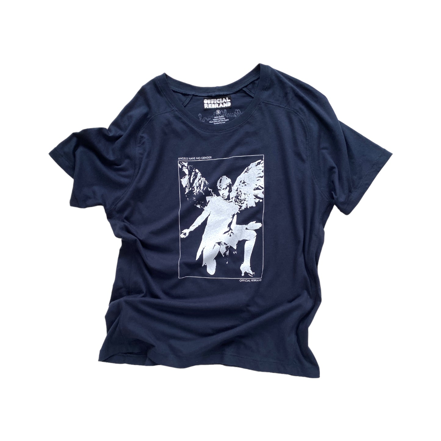 navy blue t-shirt with white screen-printed claud cahun kneeling angel image and text reading ANGELS HAVE NO GENDER at the top and OFFICIAL REBRAND at the bottom