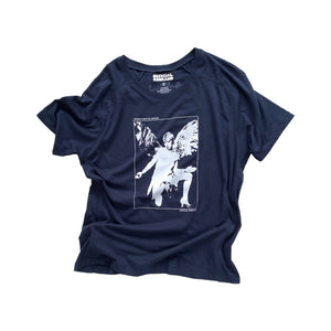 Open image in slideshow, navy blue t-shirt with white screen-printed claud cahun kneeling angel image and text reading ANGELS HAVE NO GENDER at the top and OFFICIAL REBRAND at the bottom
