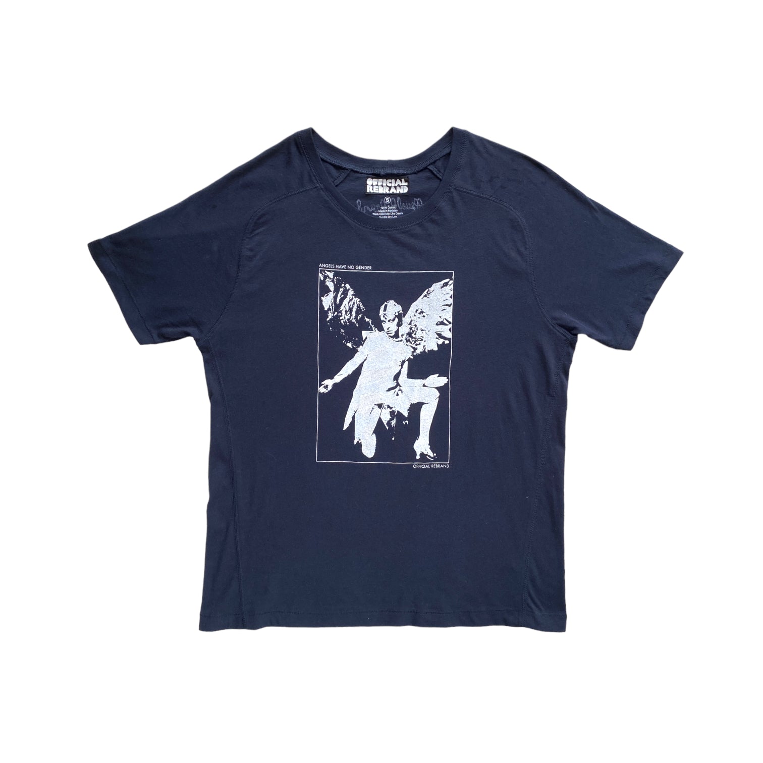 navy blue t-shirt with white screen-printed claud cahun kneeling angel image and text reading ANGELS HAVE NO GENDER at the top and OFFICIAL REBRAND at the bottom