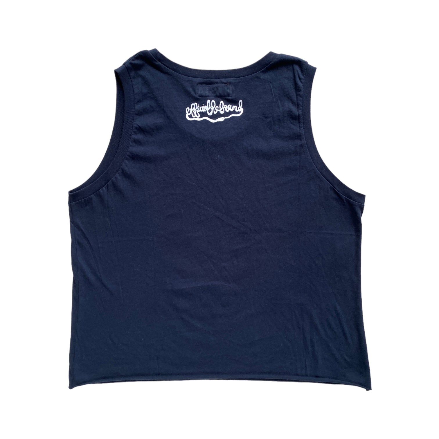 back of navy blue tank top with white screen-printed Official rebrand ouroboros snake logo in white