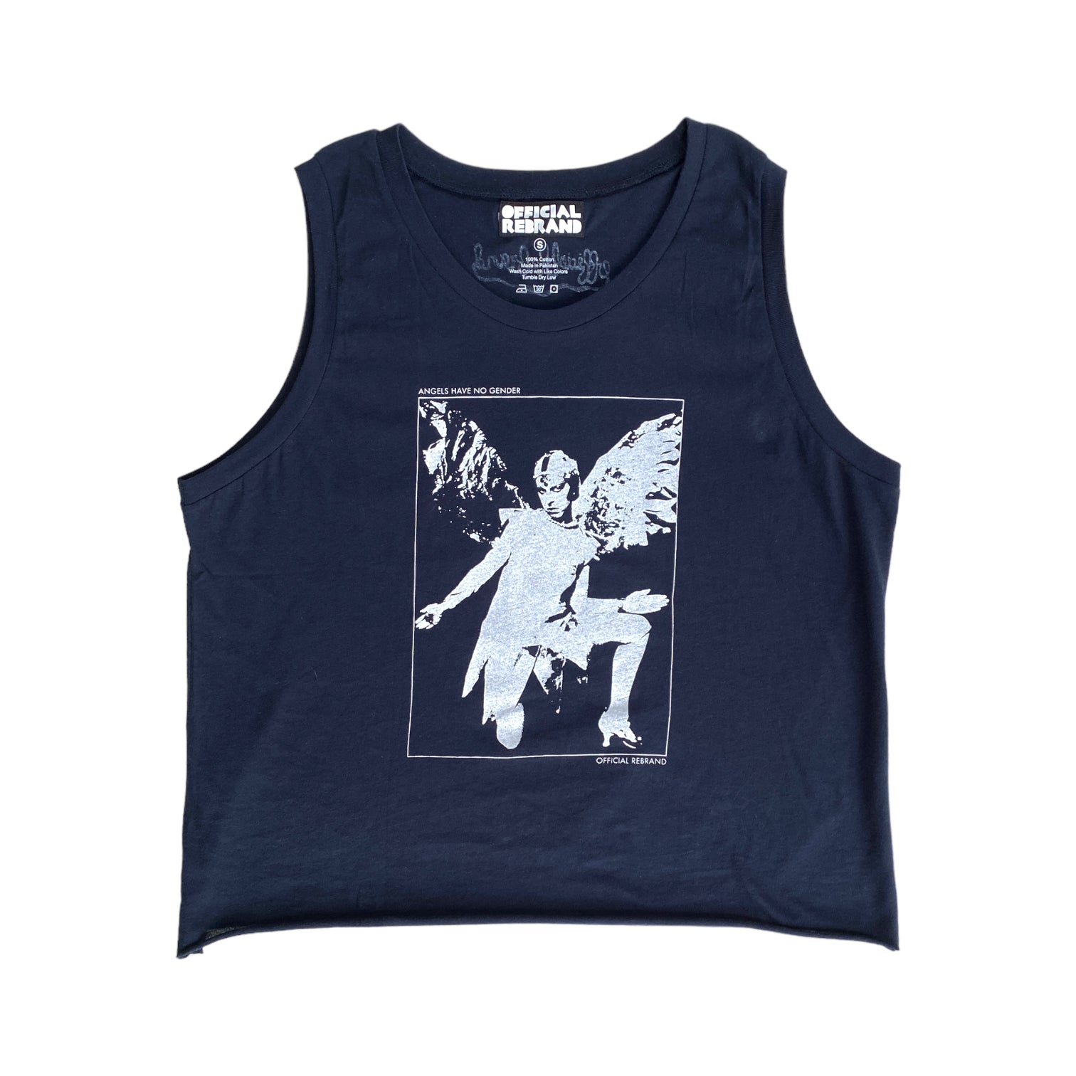 navy blue tank top with white screen-printed claud cahun kneeling angel image and text reading ANGELS HAVE NO GENDER at the top and OFFICIAL REBRAND at the bottom