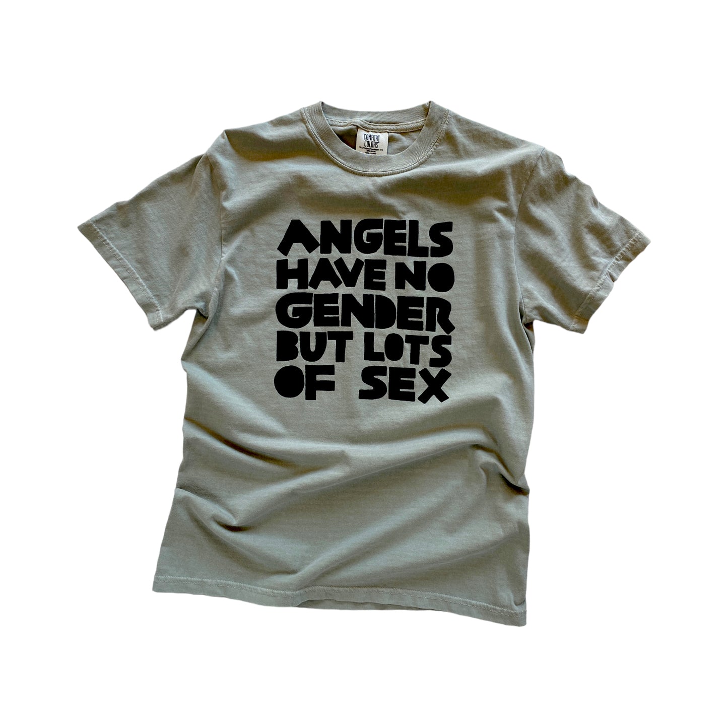 light green t-shirt with black text reading Angels have no gender but lots of sex