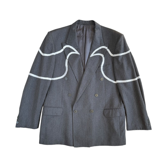 gray blazer jacket with hand painted white dove silhouettes facing each other across the arms and chest of the jacket 