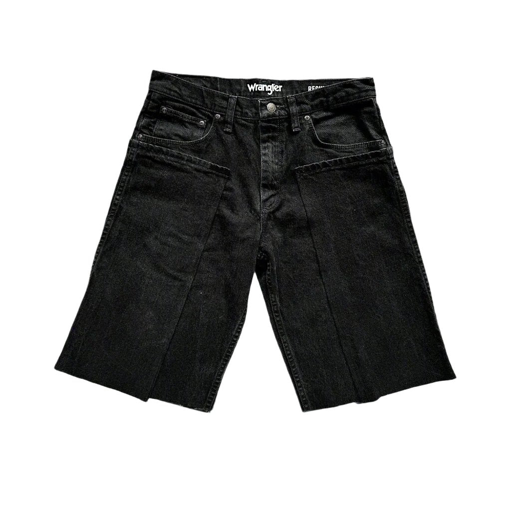 black jean shorts cut and spread to be shorter and wider on a white backdrop
