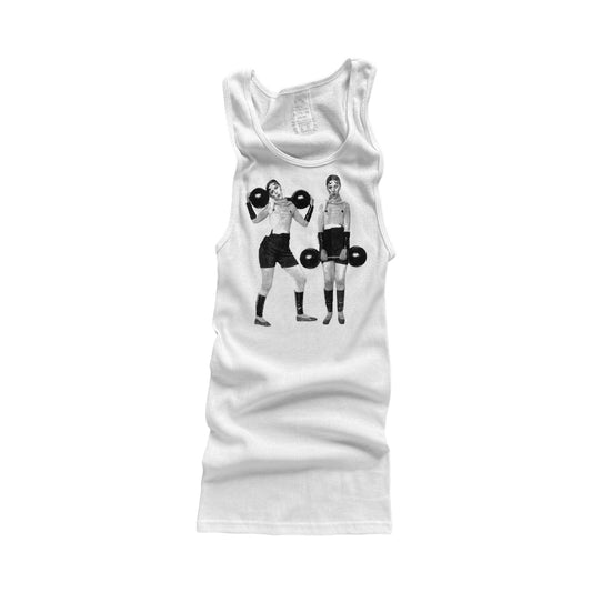 white a tank with screen printed image of claude cahun with barbells