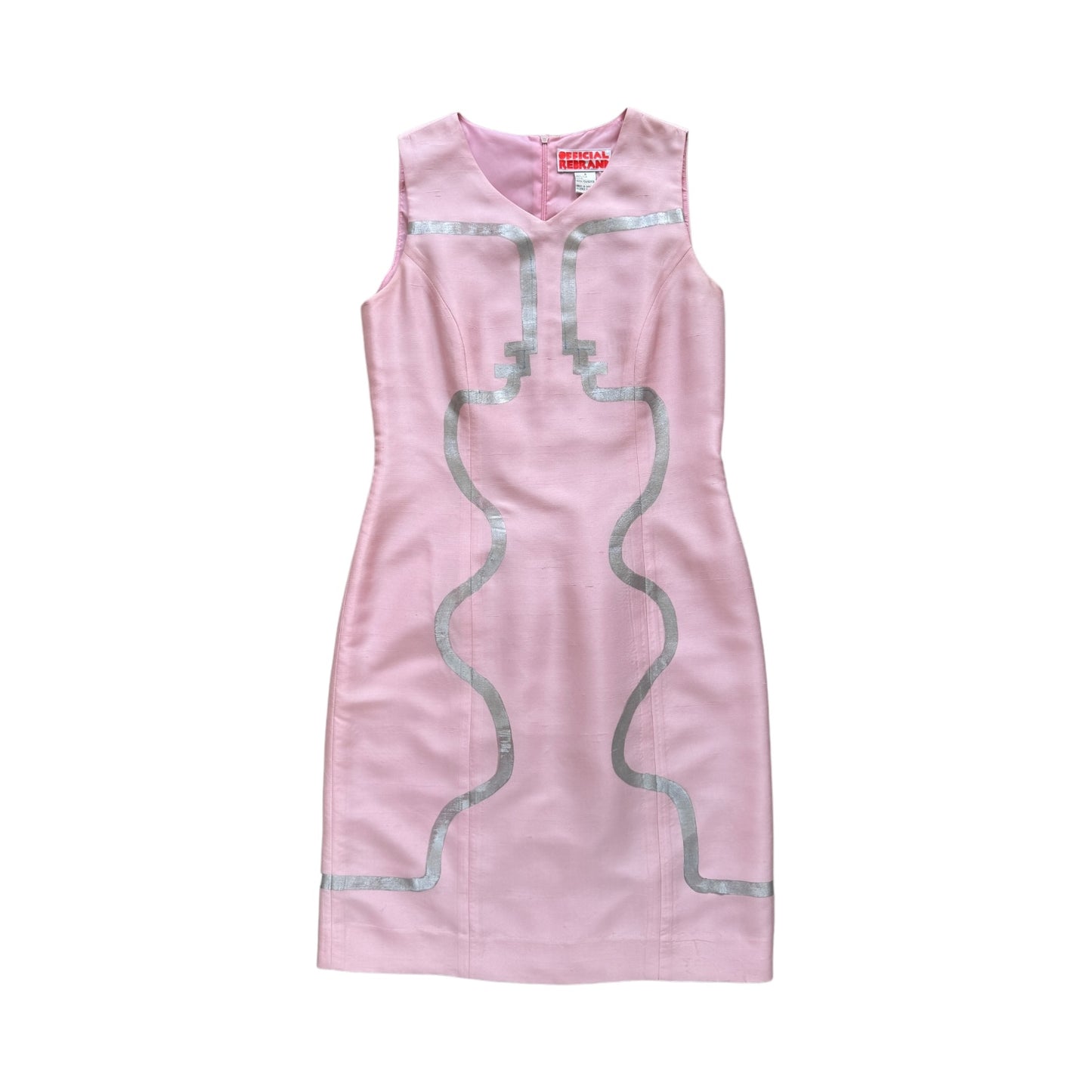 bubblegum pink sleeveless dress with silver painting of two figures facing each other