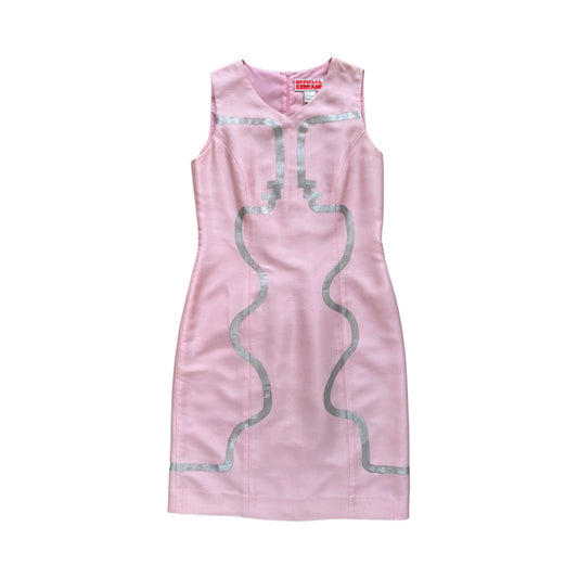 bubblegum pink sleeveless dress with silver painting of two figures facing each other