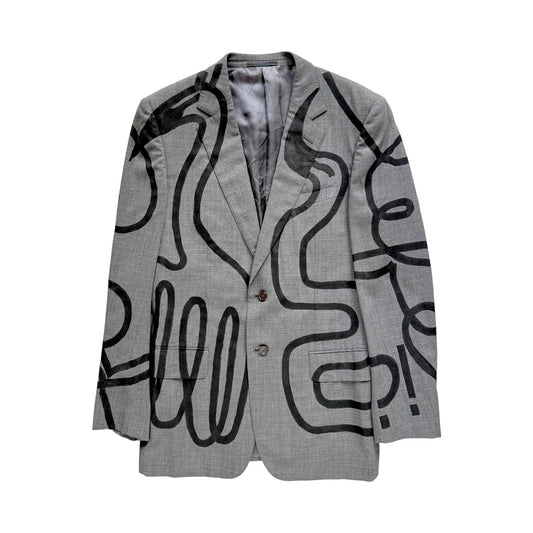 gray / grey gucci blazer with black abstract swans hand painted across the front chest, arms, and back