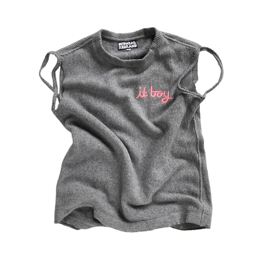 gray knit sweater vest with slits around the arm holes and pink cursive embroidery on the chest reading it boy